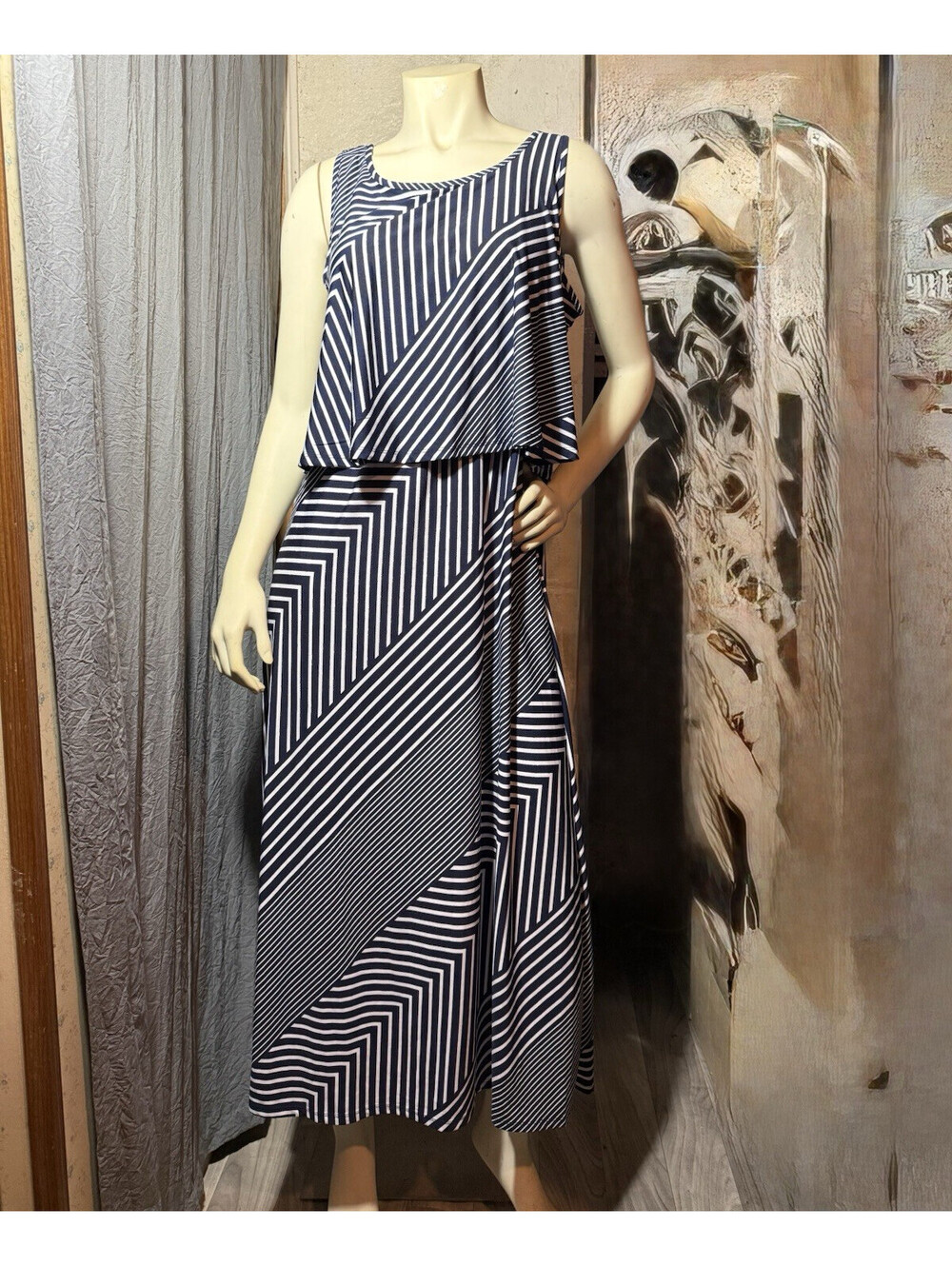 Sabrina Lauren New York Midi Dress L Sleeveless Striped Layered Stretch SK6259E